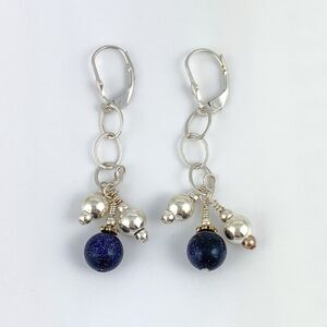Vintage Estate Sterling Silver Blue Lapis Lazuli Bead Dangle Latch Back Earrings